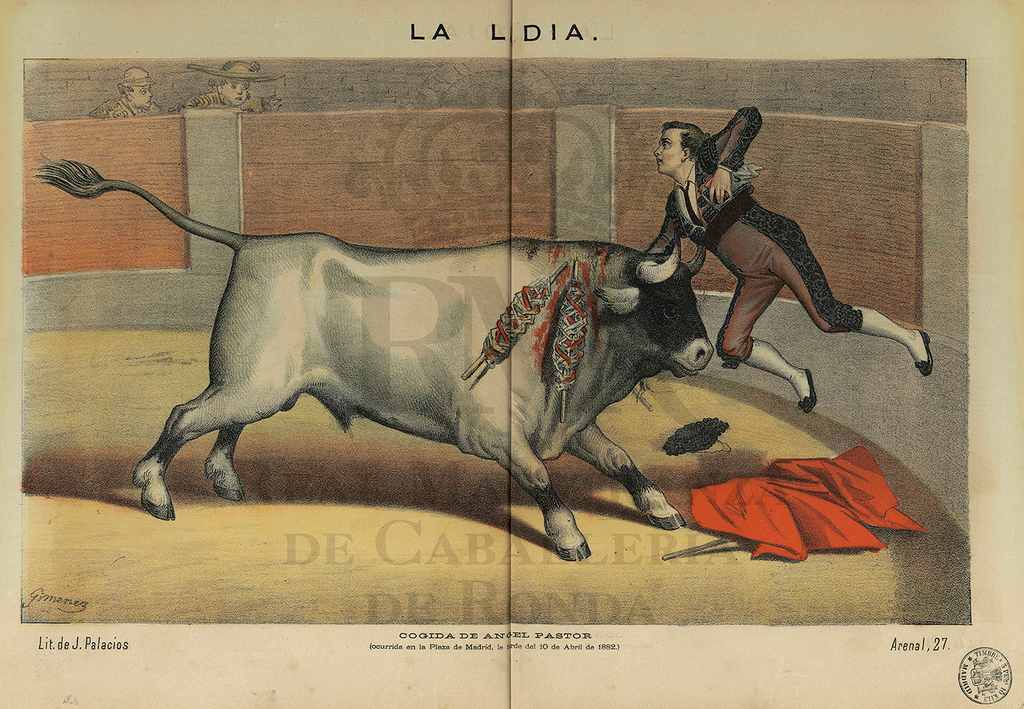 Cogida de Ángel Pastor por un toro en la plaza, cromolitografía de la revista La Lidia (1882)